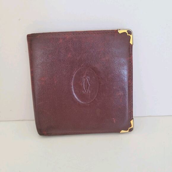 Must De Cartier Men's Wallet Bifold Leather Bordeaux Red Medium Retro Card Bill - Picture 1 of 15